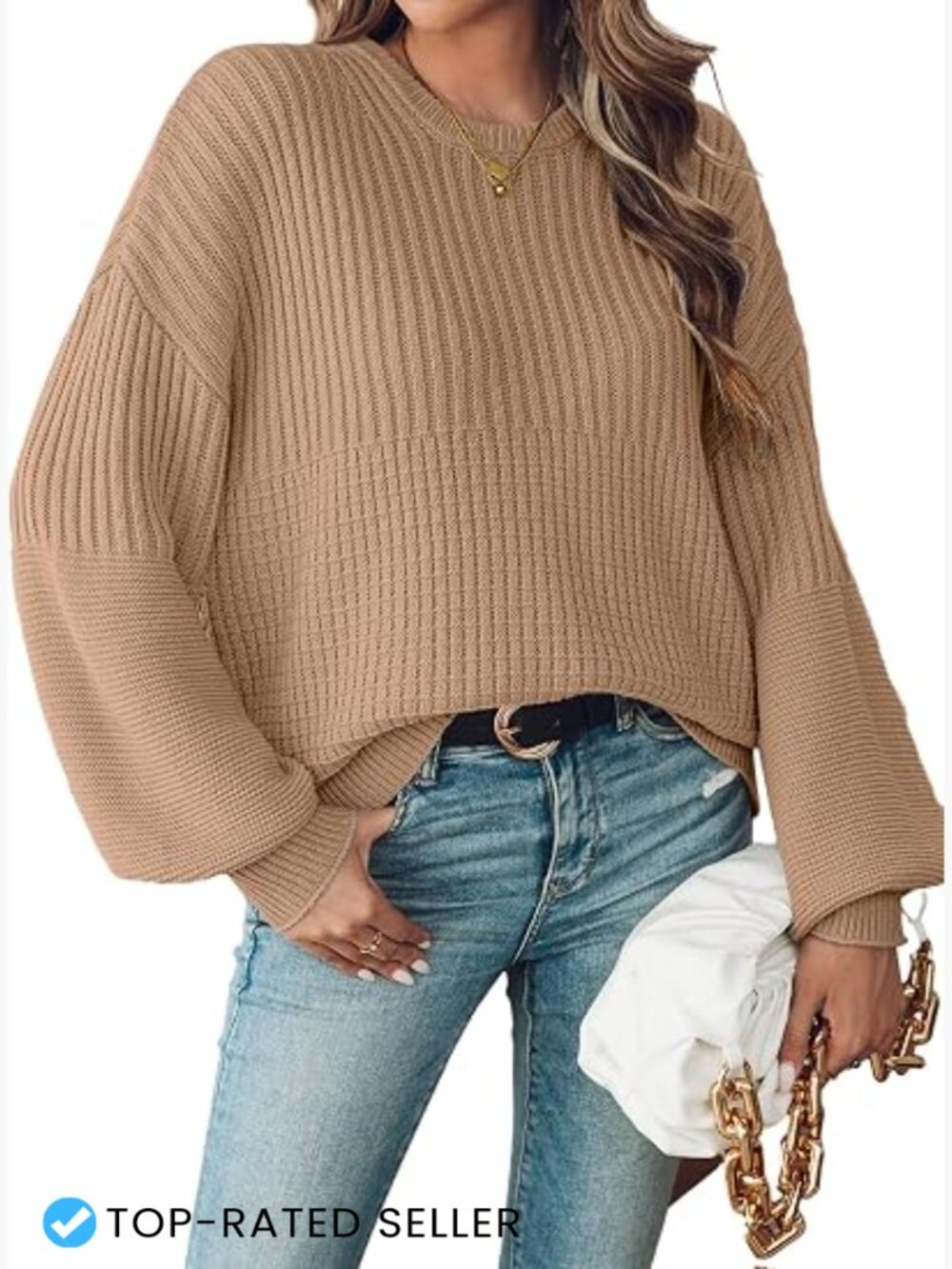 Oversized Crewneck Sweater Waffle Knit Puff Sleeve Pullover Trendy Fall Winter